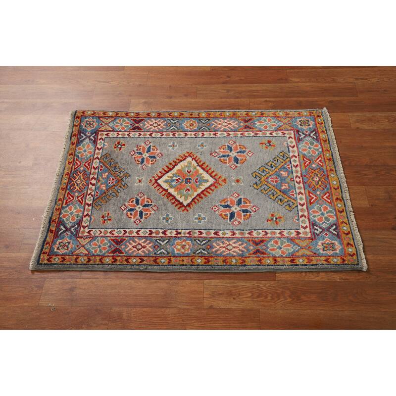 Traditional Kazak Oriental Foyer Rug Hand-Knotted Grey Wool Carpet - 2'0"x 3'0"