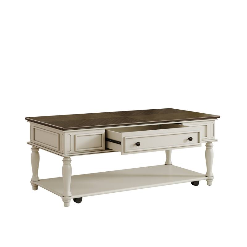 Farmhouse Coffee Table with One Drawer and Lockable Wheels, Retro Center Table - 47.2" W × 23.6" D × 19.6" H