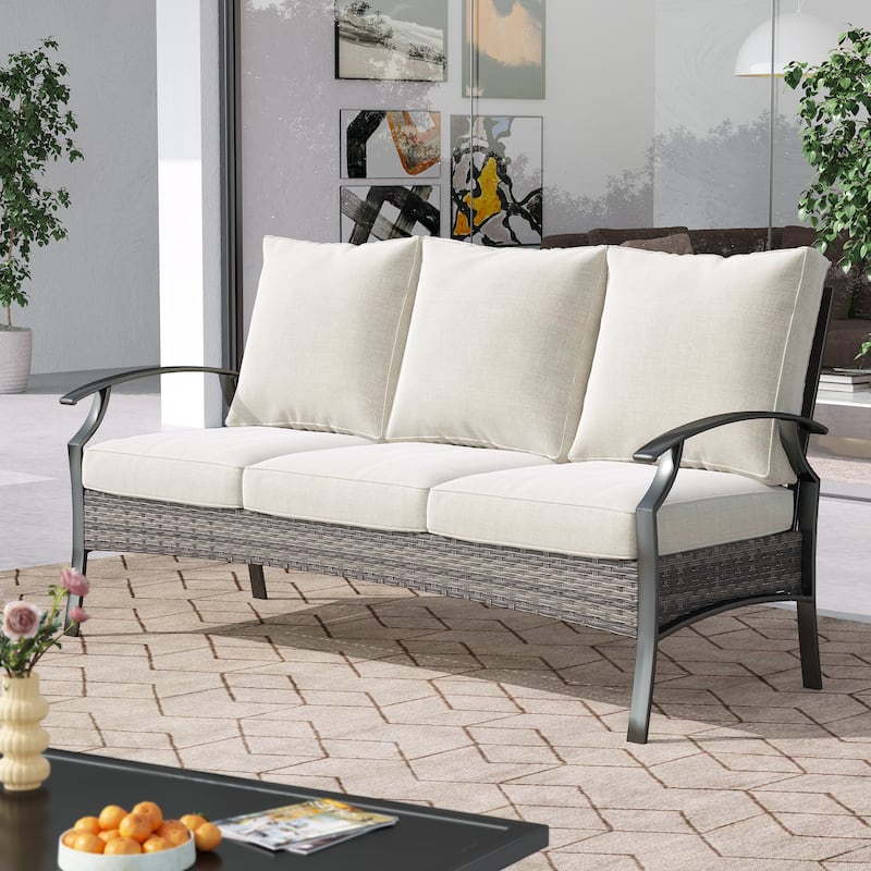 Outdoor Patio 3-Seat Wicker Sofa - BEIGE