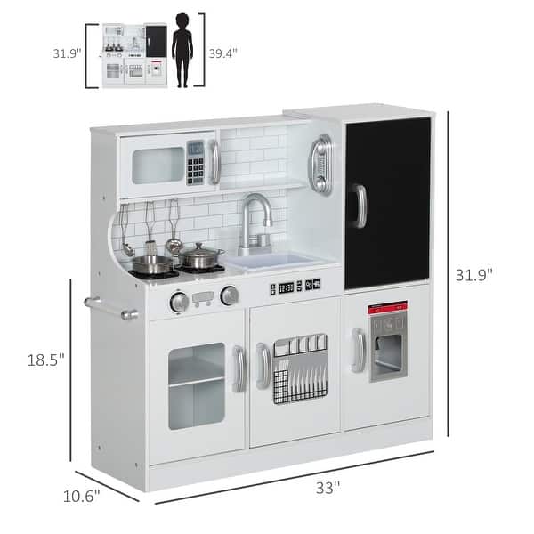 Qaba Play Kitchen, Pretend Kids Kitchen Playset with Play Phone, Chalkboard, Towel Rack, Ice Maker, Storage Space & Microwave