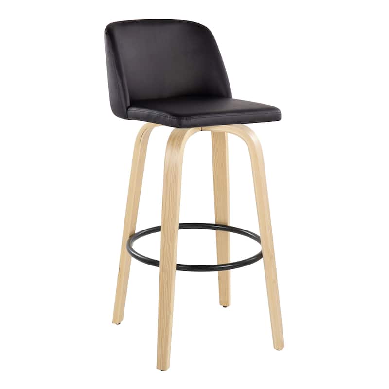 Carson Carrington Vallberga 30" Fixed-Height Bar Stool with Natural Wood Base (Set of 2) - Black Faux Leather/Round Black Footrest