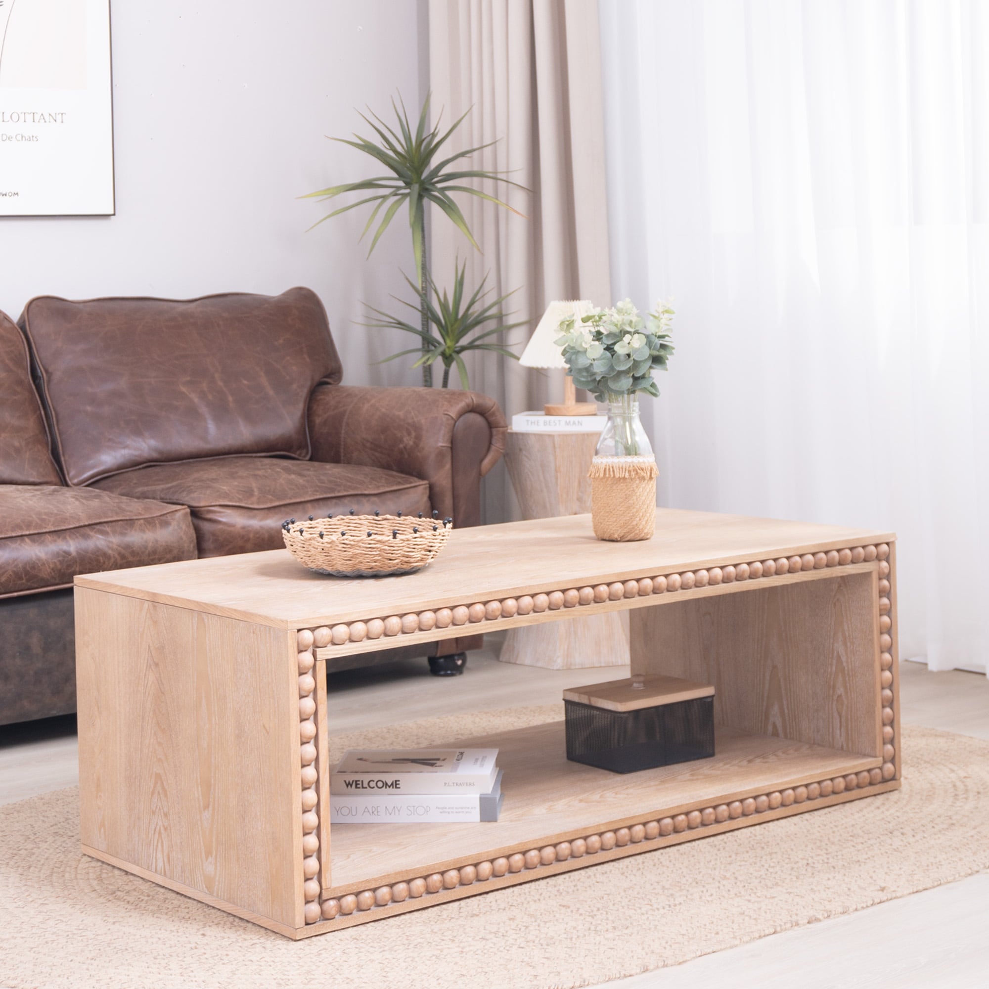 Roomfitters Natural Wood Coffee Table with Beaded Edge Trim, Rectangular Center Table with Open Shelf, Modern Farmhouse Design