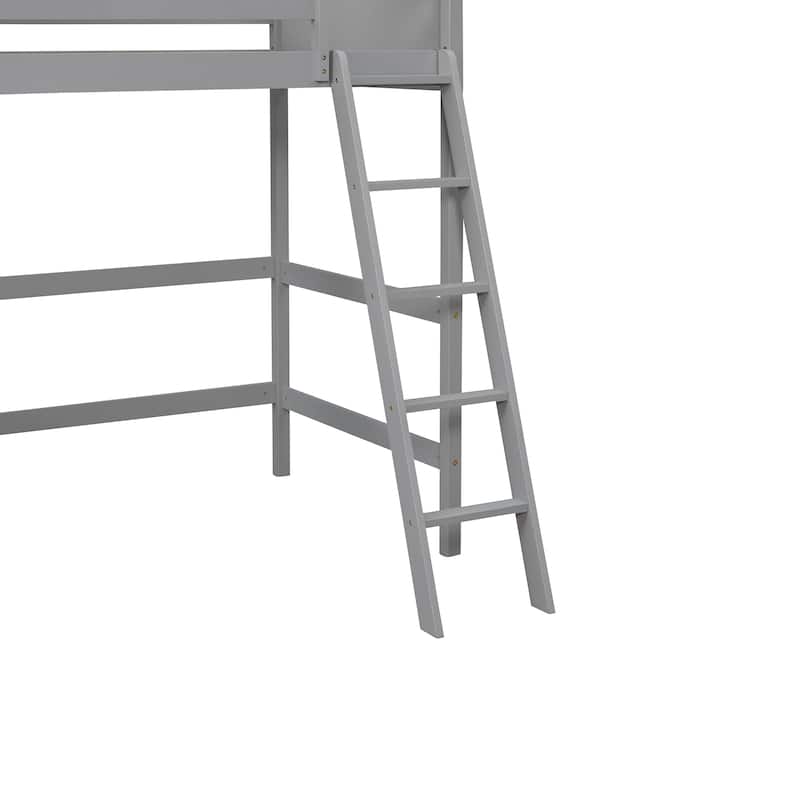 Gray Twin Solid Wood Loft Bed with Ladder & Fence