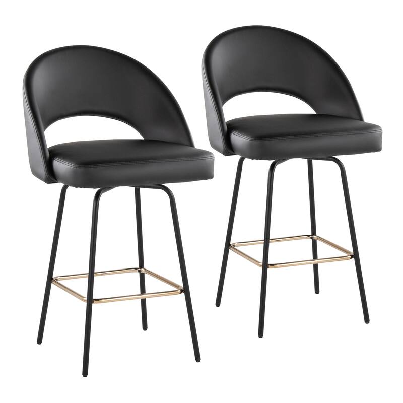 Porch & Den Vika Upholstered 26" Counter Stool with Metal Legs & Square Footrest (Set of 2) - Black Faux Leather