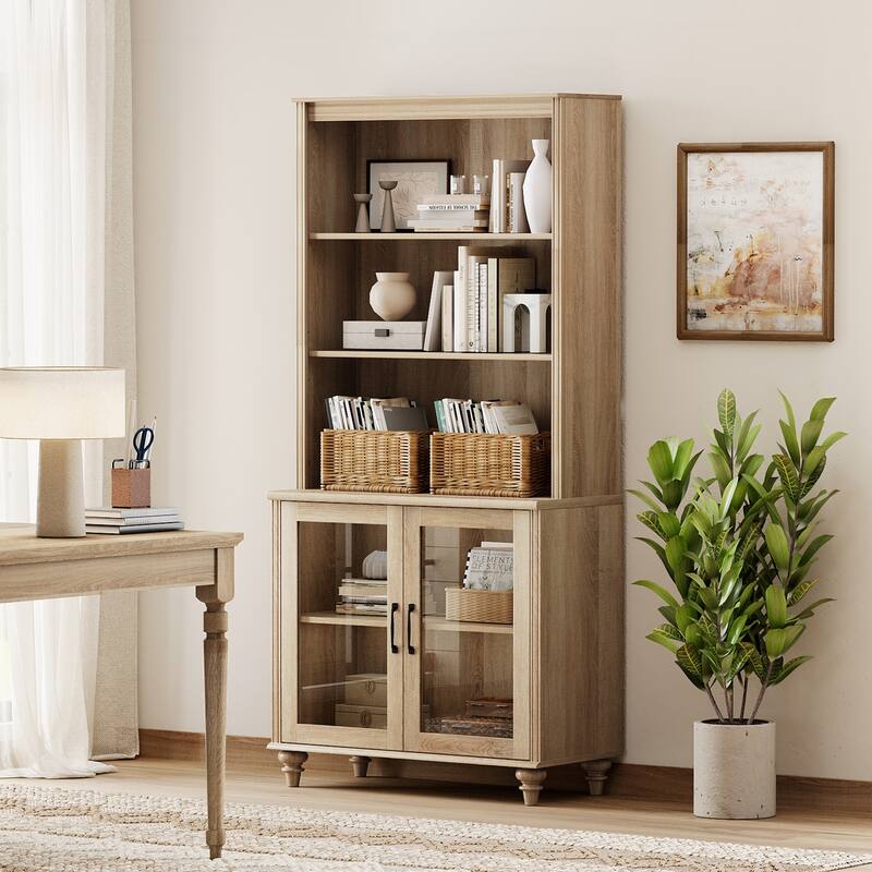 Oak Bookcase with Doors, Large Wood Farmhouse Book Case Shelf