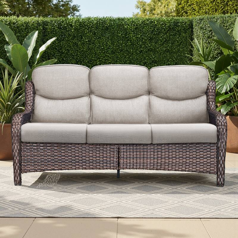 Meyreso Handwoven Wicker Outdoor Patio 3-Seat Sofa with 5-Inch Thick Cushions