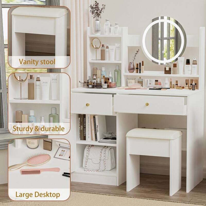 White LED Makeup Vanity Desk Set with Adjustable Lighting, Storage & Cushioned Chair