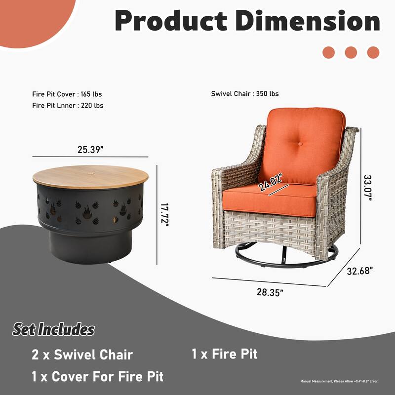 OVIOS 3 Pieces Outdoor Wicker Curved Swivel Chair Set With Fire Table