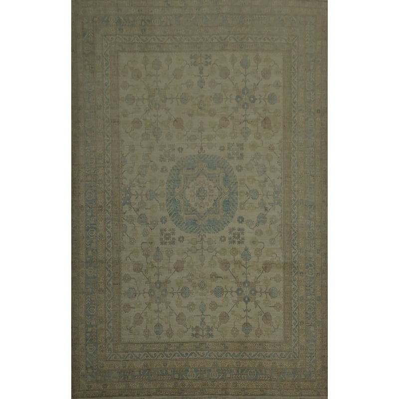 Hand Knotted Oriental 100% Wool Carpet Transitional Floral Beige & Ivories Khotan Area Rug - 12' 1'' X 9' 3''