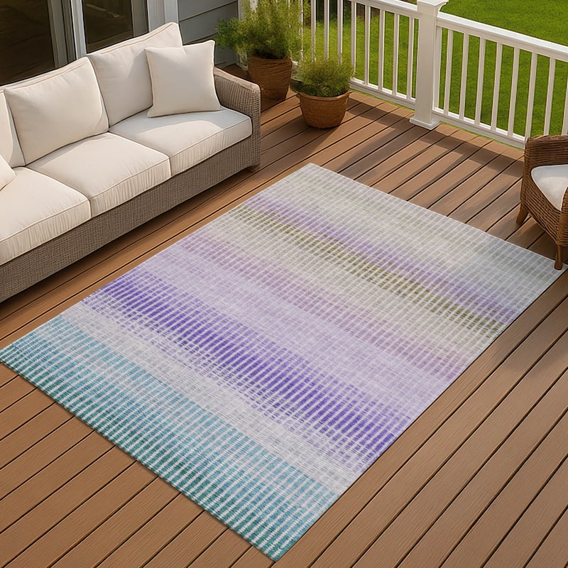 Machine Washable Indoor/ Outdoor Contemporary Stripes Chantille Rug - Teal - 8' x 10'