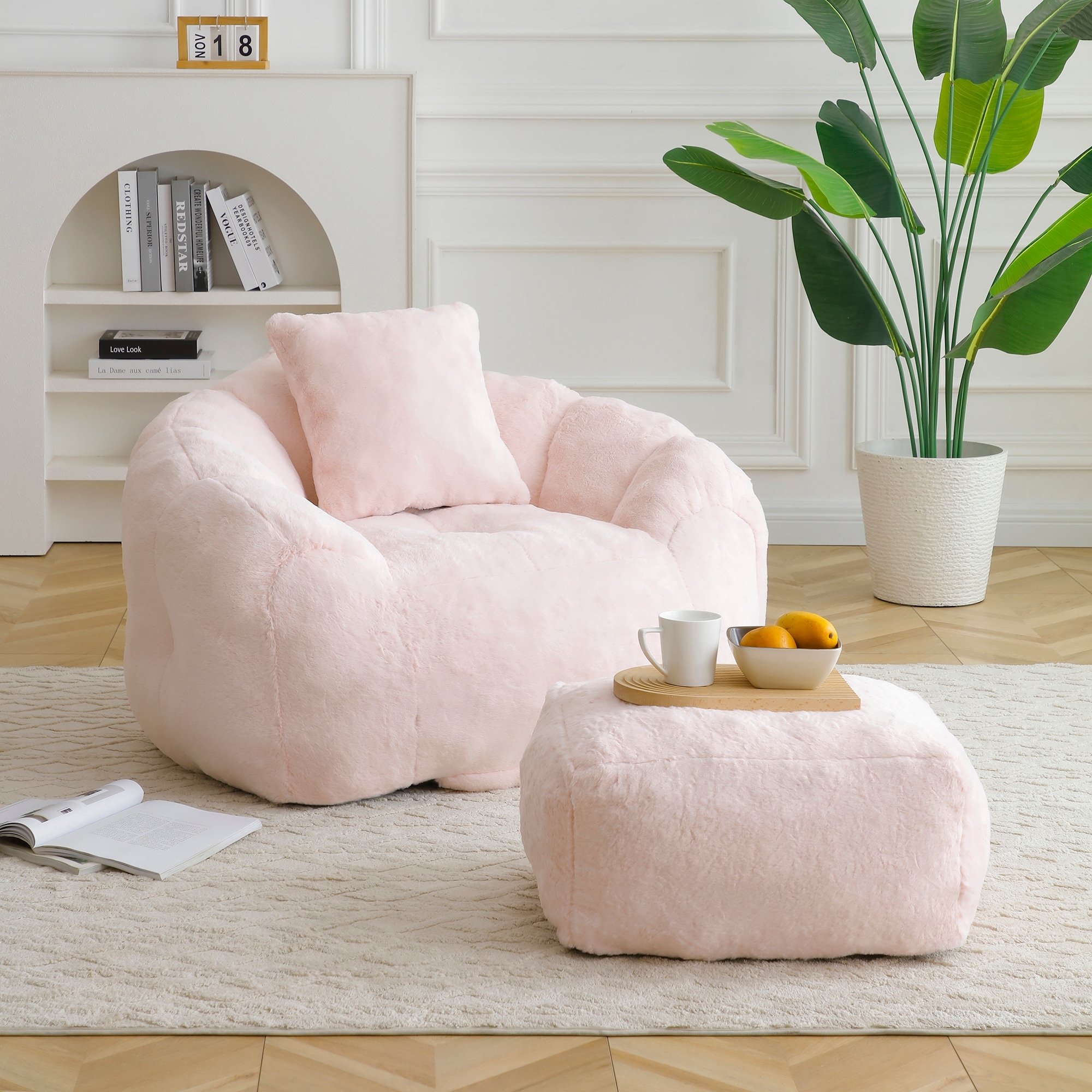 Oversized Faux Fur Shell-Shaped Bean Bag Chair with Footstool, Stuffed Accent Sofa