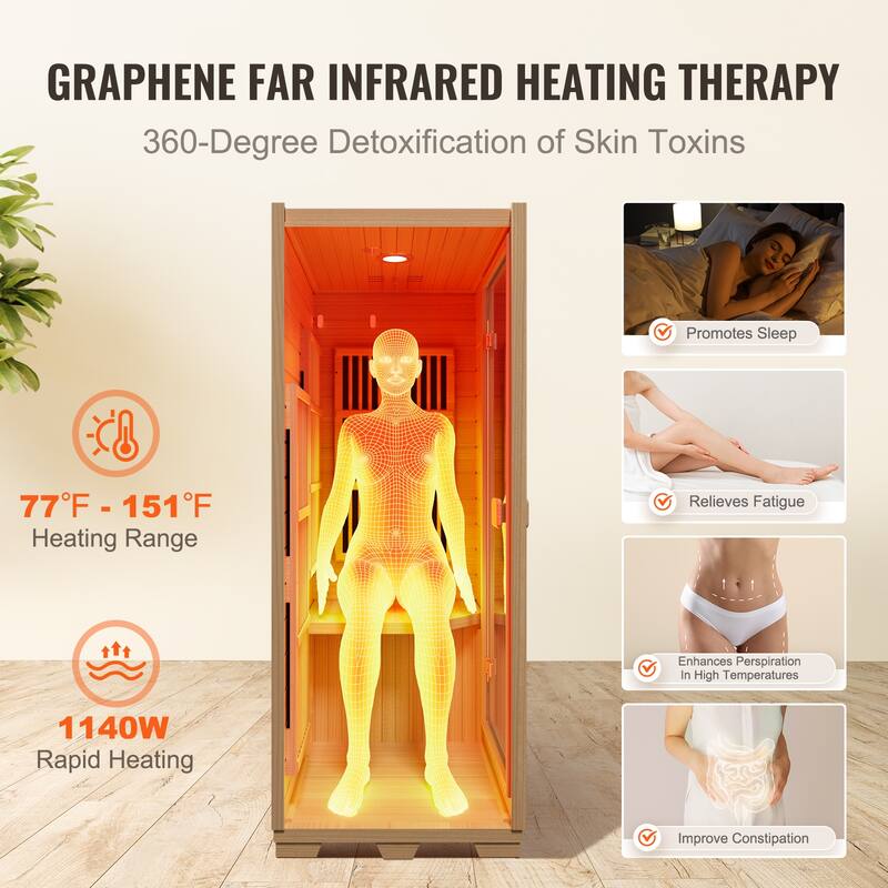 Far Infrared Wooden Sauna, Room Home Sauna Spa for One Single Person, Low EMF Far Infrared Hemlock Wood Sauna
