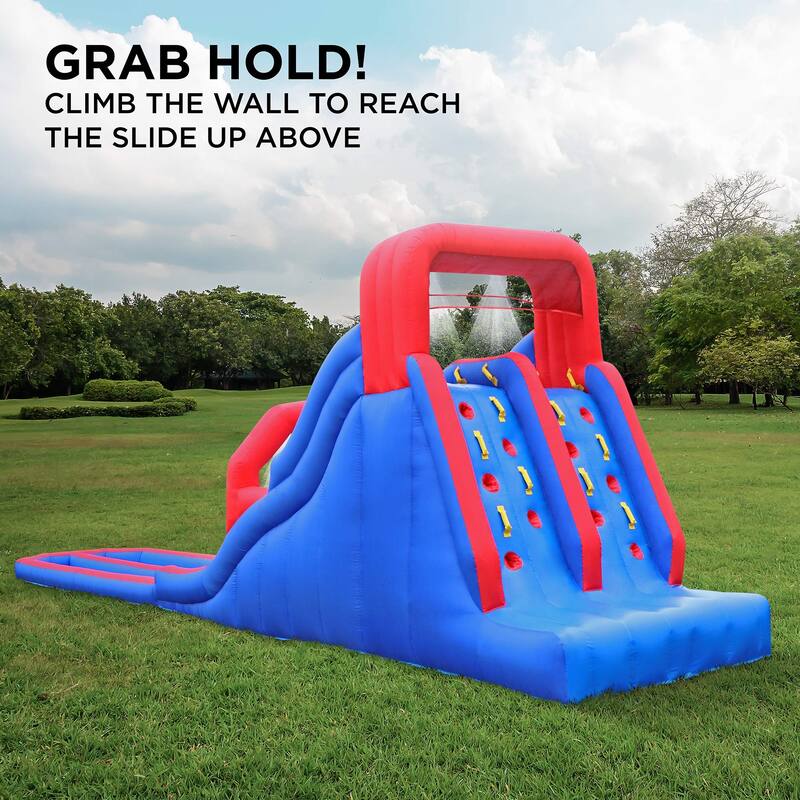 Deluxe Inflatable Water Racing Slide Park - Heavy-Duty Nylon Bouncy Station - Climbing Wall, Two Slides & Splash Pool - Large