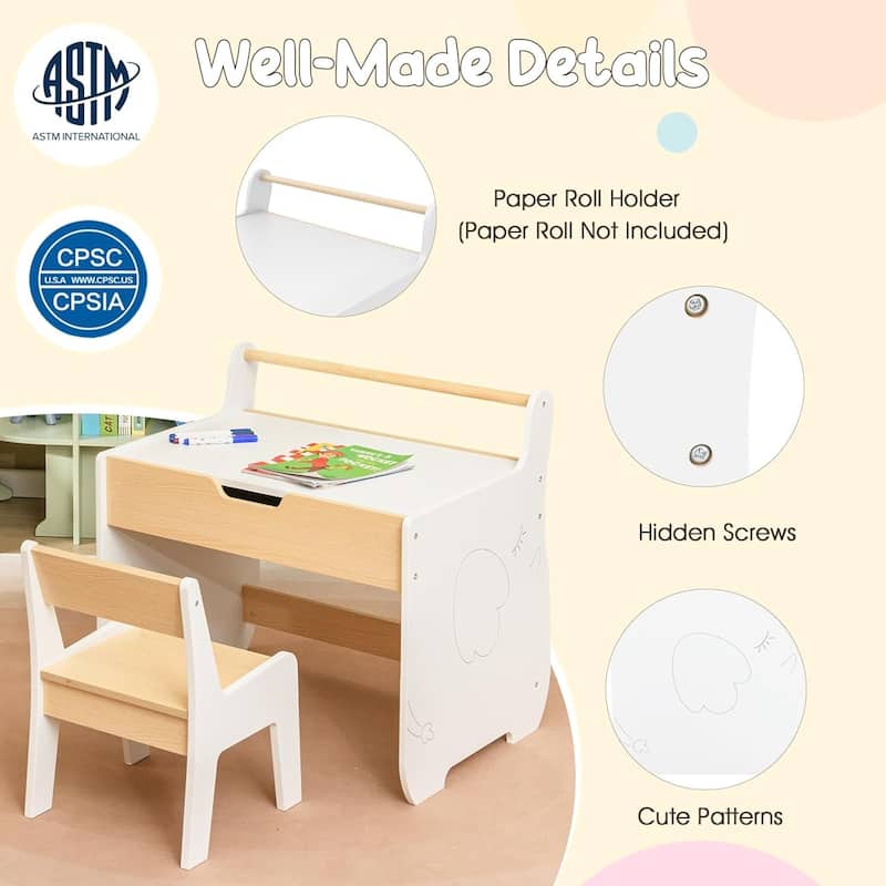 3-in-1 Children Wooden Activity TableWhite Kids Table＆Chair Set