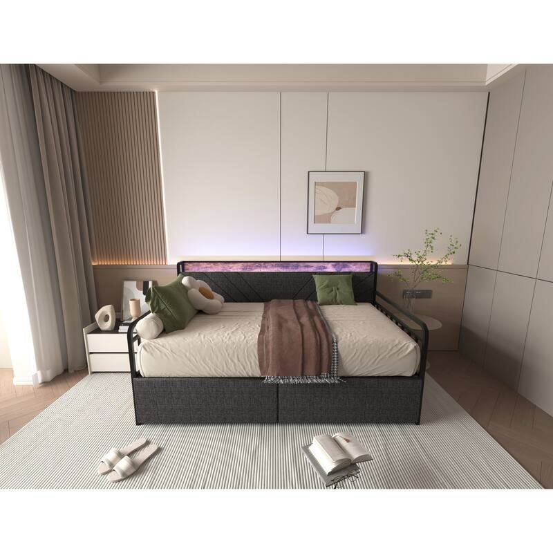 Compact Twin Daybed with Upholstered Headboard, Charging Station, and RGB LED Lighting