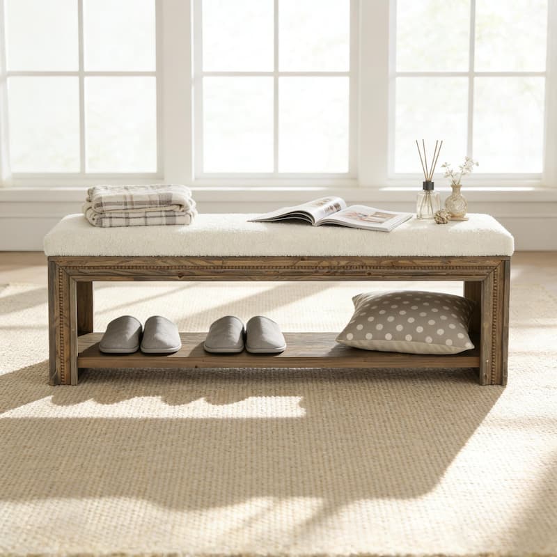55.12" Wooden Upholstered Bed Bench with Storage, Rustic Wood End Of Bed Bench with Teddy Fleece Cushion for Bedroom