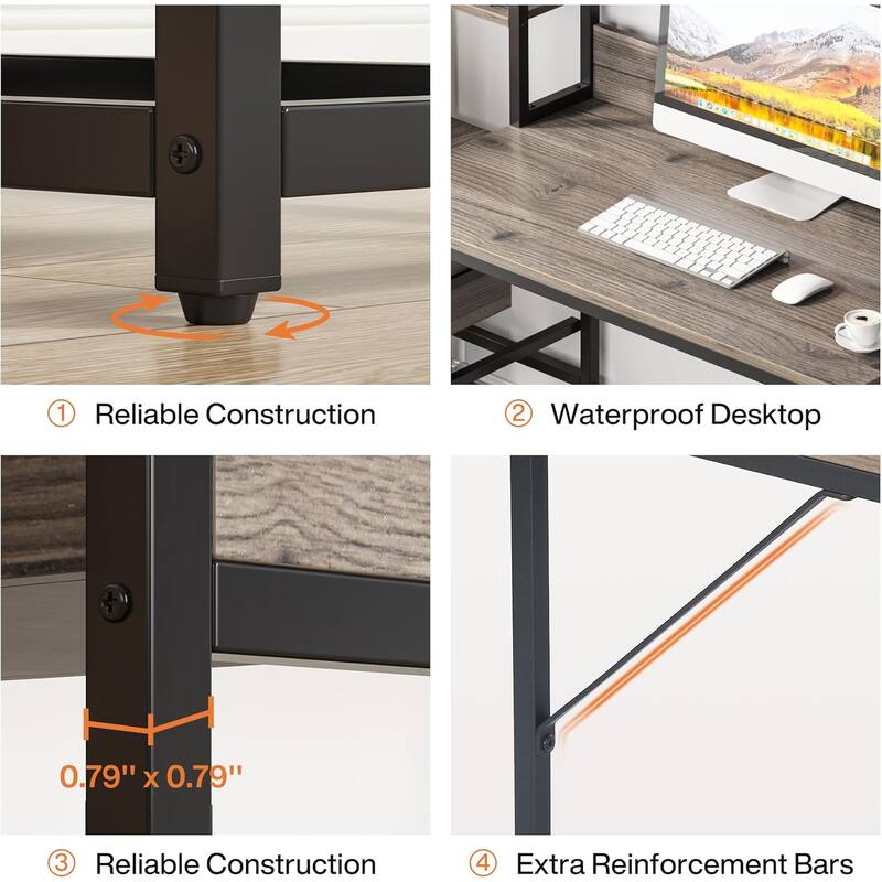 55" Grey Computer Desk with Hutch, 2 Drawers & Open Shelves