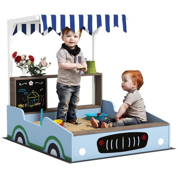 slide 2 of 9, Qaba Kids Wooden Sandbox with Canopy, Grocery Store Outdoor Sand Box with Bench Seats, Bottom Liner, Drawing Board, Blue Blue