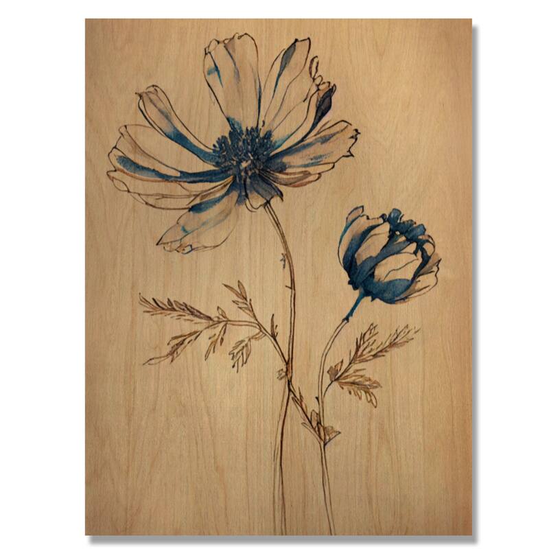 Designart 'Blue Vintage Flower Blooming VII' Floral Wood Wall Art - Natural Pine Wood