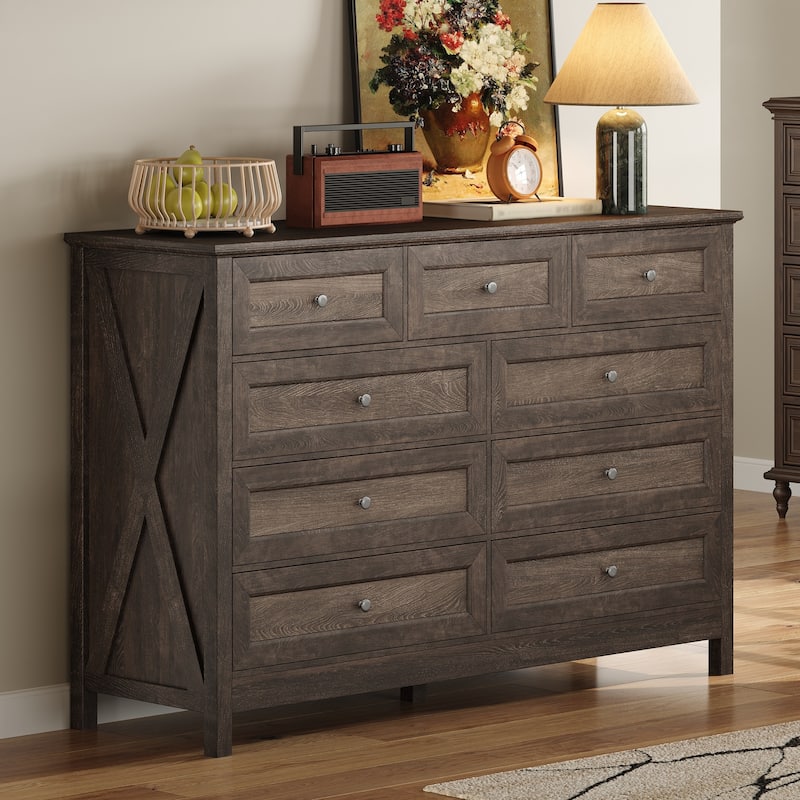 Wood Rustic Storage Dresser with 9 Drawers and Silver Handle, Brown