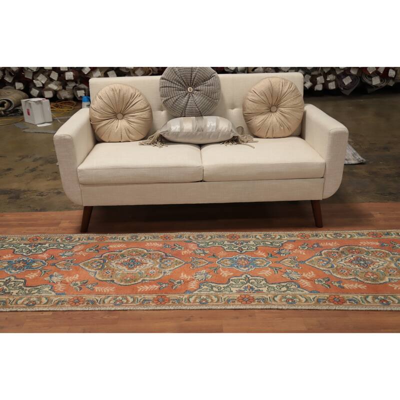 Hand Knotted Oriental 100% Wool Carpet Traditional Floral Oranges & Rust Tabriz Runner Rug - 9' 11'' X 2' 6''