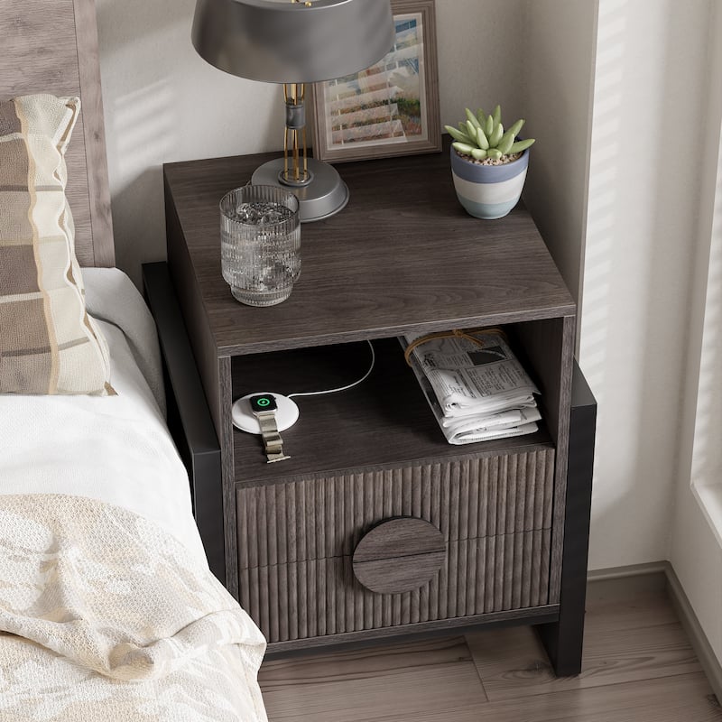 COZAYH Mid-Century Fluted 2-drawer Nightstand, Farmhouse Nightstand with USB Charging Ports, Grey Wash