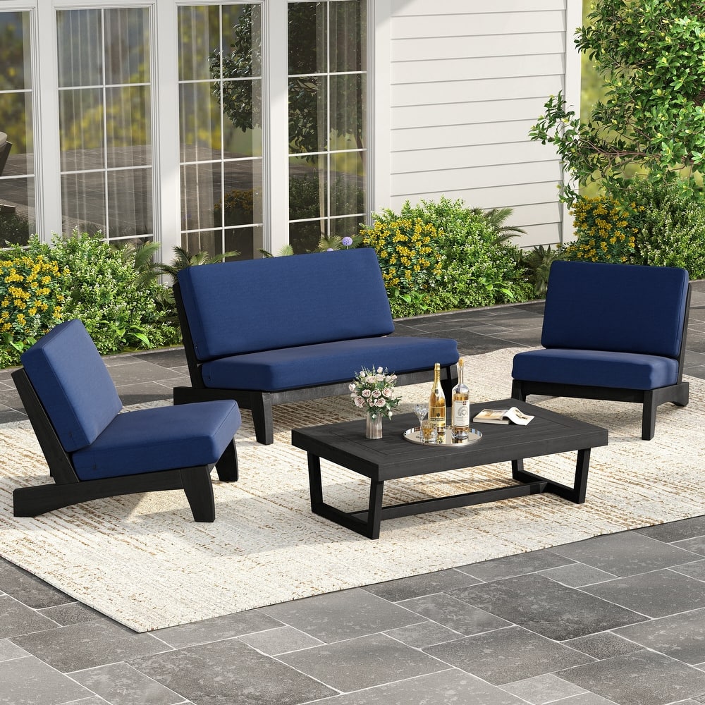 4 Piece Outdoor Wood Loveseat Chair Conversation Set with Cushion