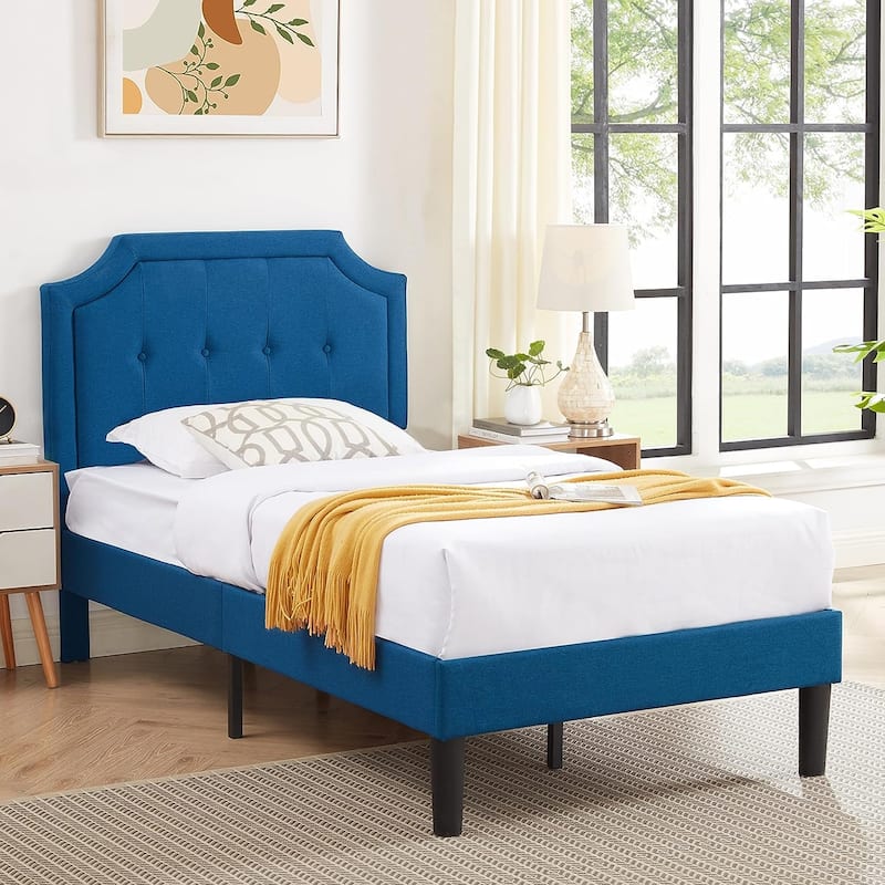VECELO Upholstered Platform Kids Bed with Adjustable Headboard,Twin Size Bed Set of 2