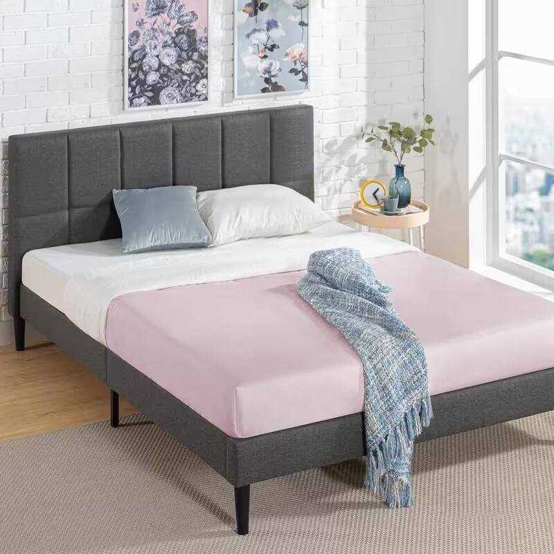 Modern Upholstered Platform Bed with Square-Stitched Headboard Low Profile Bed Frames Grey
