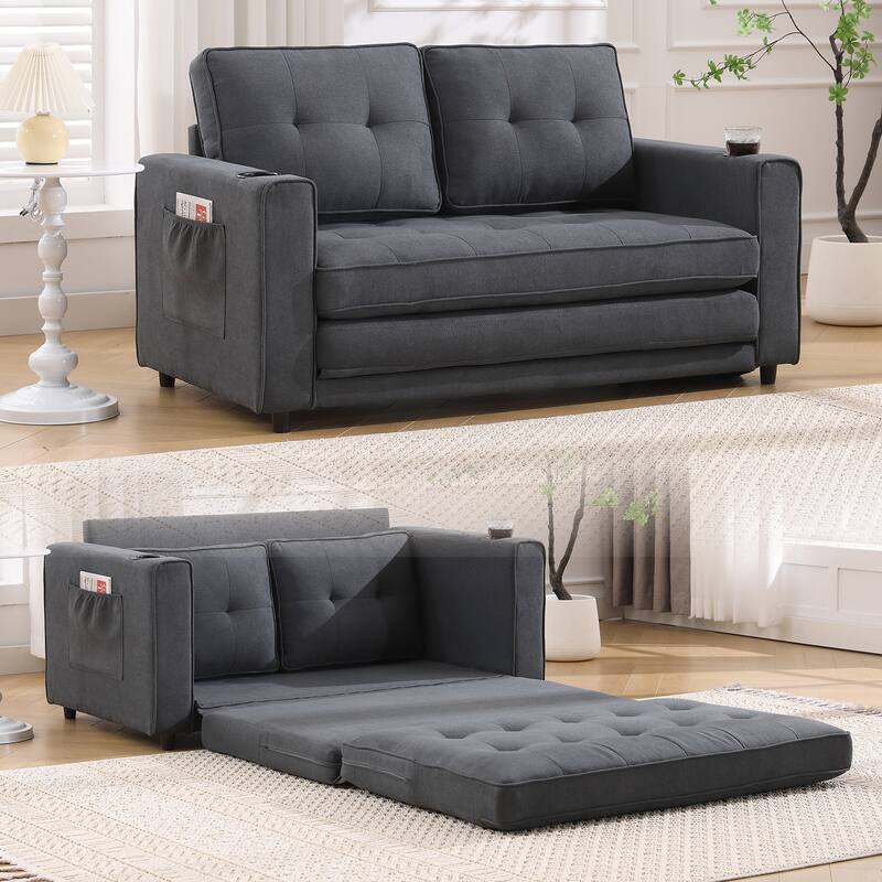 Folding Sofa Bed with Two Storage Pockets, Linen Convertible Foldable Couch Bed
