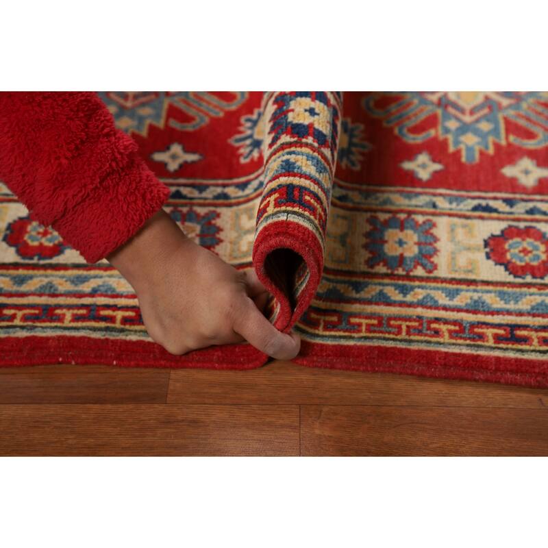Red Kazak Foyer Rug Hand-Knotted Geometric Wool Carpet - 3'0"x 4'0"