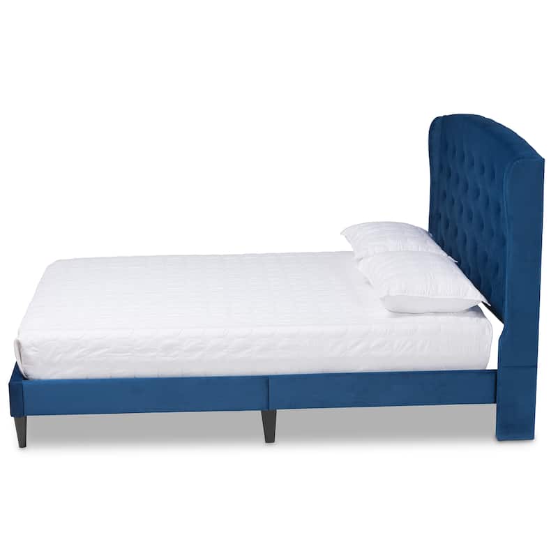 Joanna Modern and Contemporary Velvet Fabric Upholstered and Dark Brown Finished Wood Platform Bed