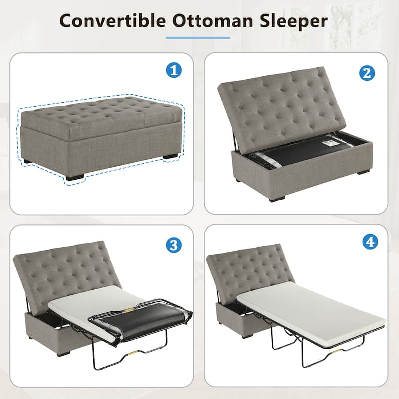Tufted Sleeper Couch Settee, Ottoman with Folding Sofa Bed, Convertible Ottoman Sleeper with Memory Mattress