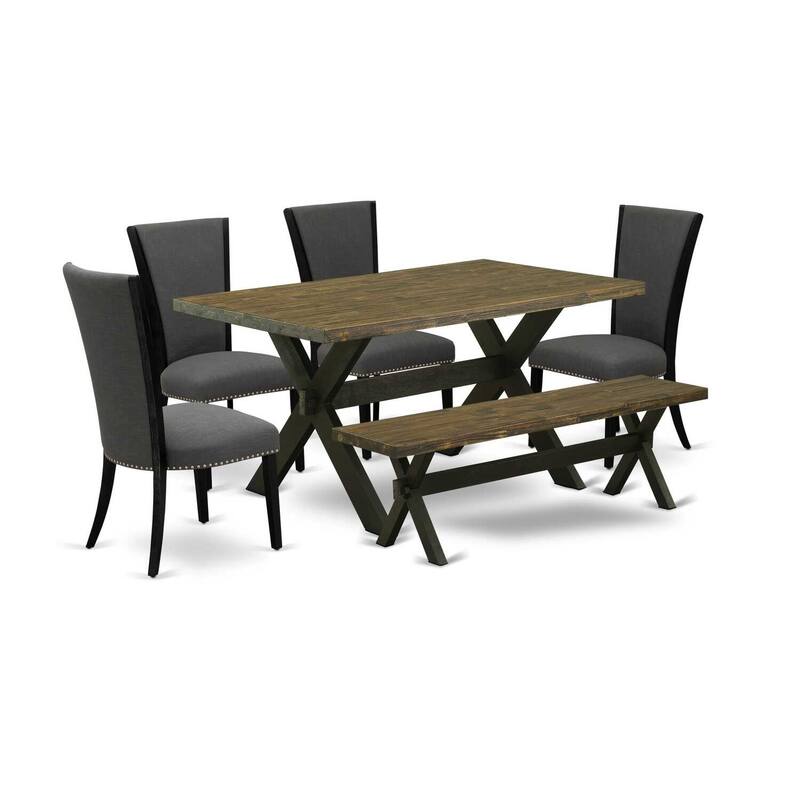 HomeStock 6-Piece Rectangle Distressed Jacobean Finish Solid Wood Top Dining Table with 1-Bench, 4-Chairs