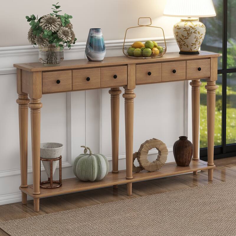 Versatile Hallway Table Old Pine Side Table with 4 Storage Drawers, Accent Table Sofa Table with Bottom Open Shelf