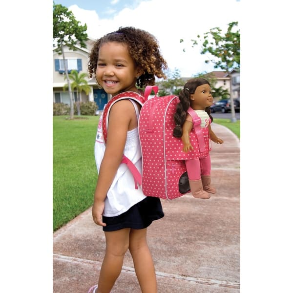 slide 2 of 10, Badger Basket Doll Travel Backpack with Plush Friend Compartment - Pink/Star