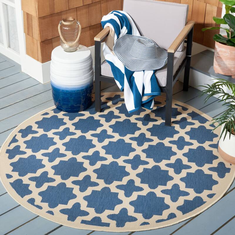 SAFAVIEH Courtyard Dorthey Indoor/ Outdoor Waterproof Patio Backyard Rug - 4' Round - Blue/Beige