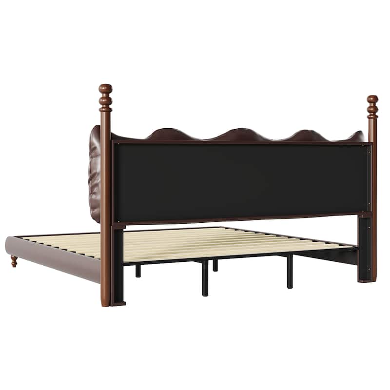 Christopher Knight Home - Eno Modern PU Leather Upholstered Platform Bed Frame with Wood Bedposts, No Box Spring Needed