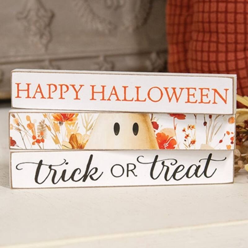 Distressed Ivory Wood Halloween Sticks Happy Halloween Trick or Treat Accents 3 Asstd. - 1" H x 6" W x .5" D
