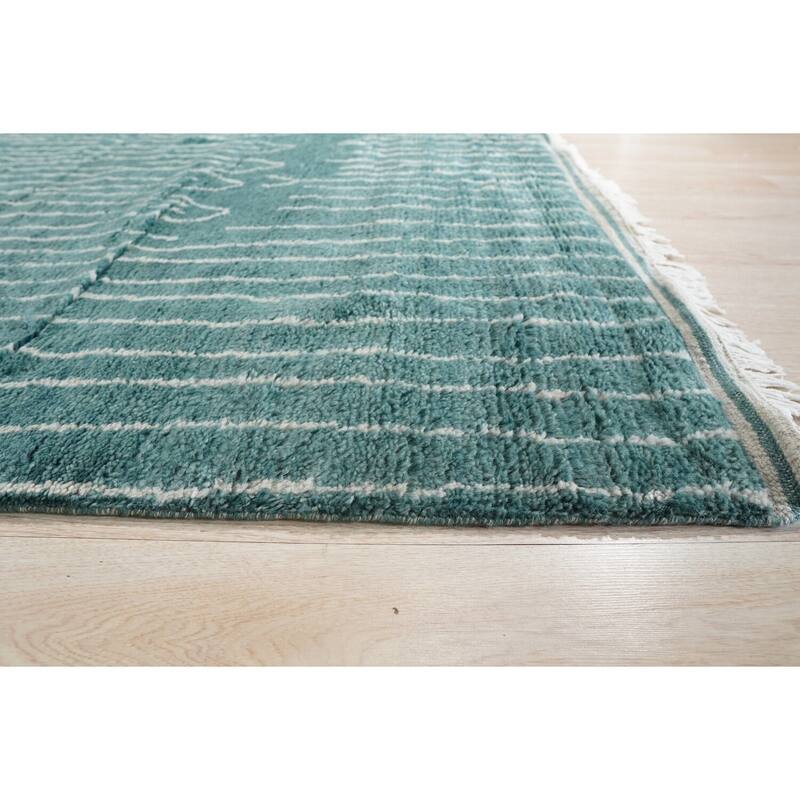 Green Hand Knotted Wool Moroccan Rug, 10' x 14', plush stylish floor accent - L