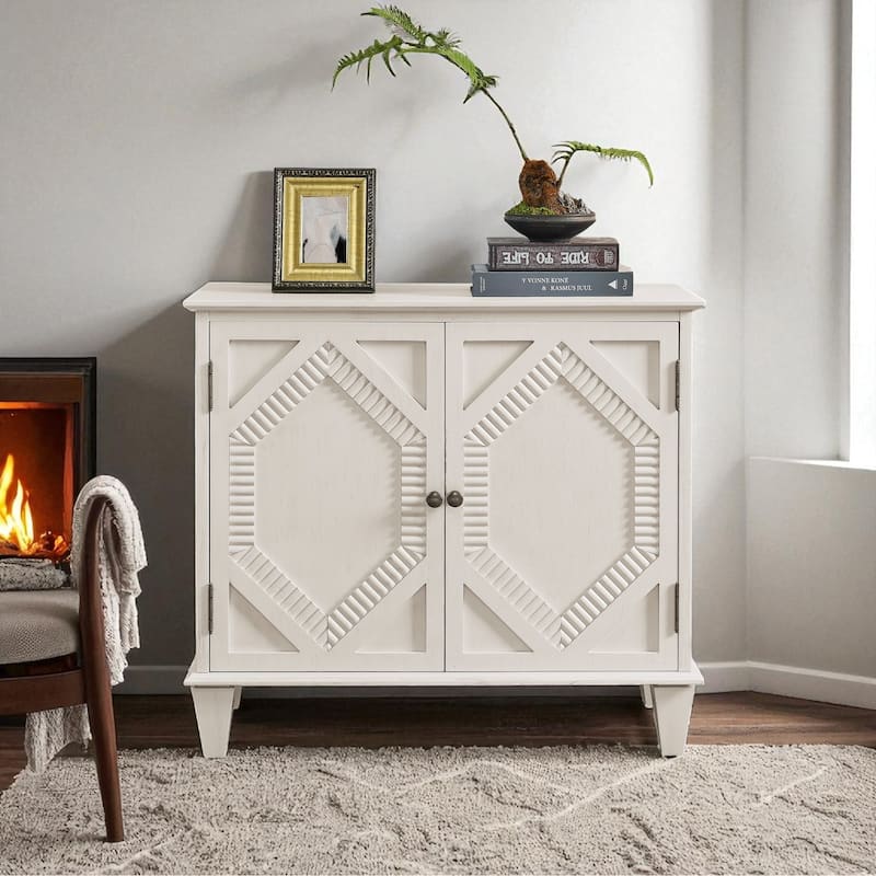 Retro Wooden Sideboard Buffet Cabinet, Geometric Accent Storage Credenza with Adjustable Shelf, Entryway/Dining/Media Console - Antique White