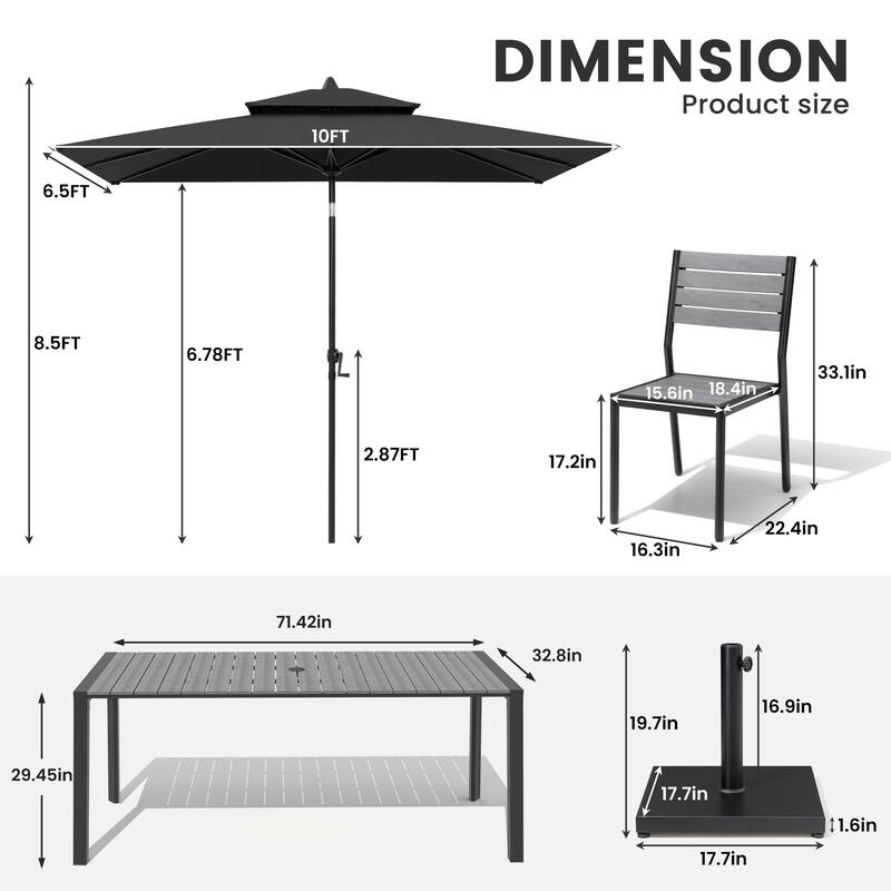 9/11-Piece Outdoor Dining Set w/10 ft Umbrella and Base Aluminum Dining Table and Stackable Chairs