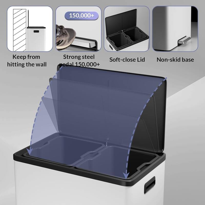 2 x 8 Gallon (2 x 30 L) Stainless Steel Step Trash Can, Dual Compartment with Removable Buckets, Soft-Close Lid