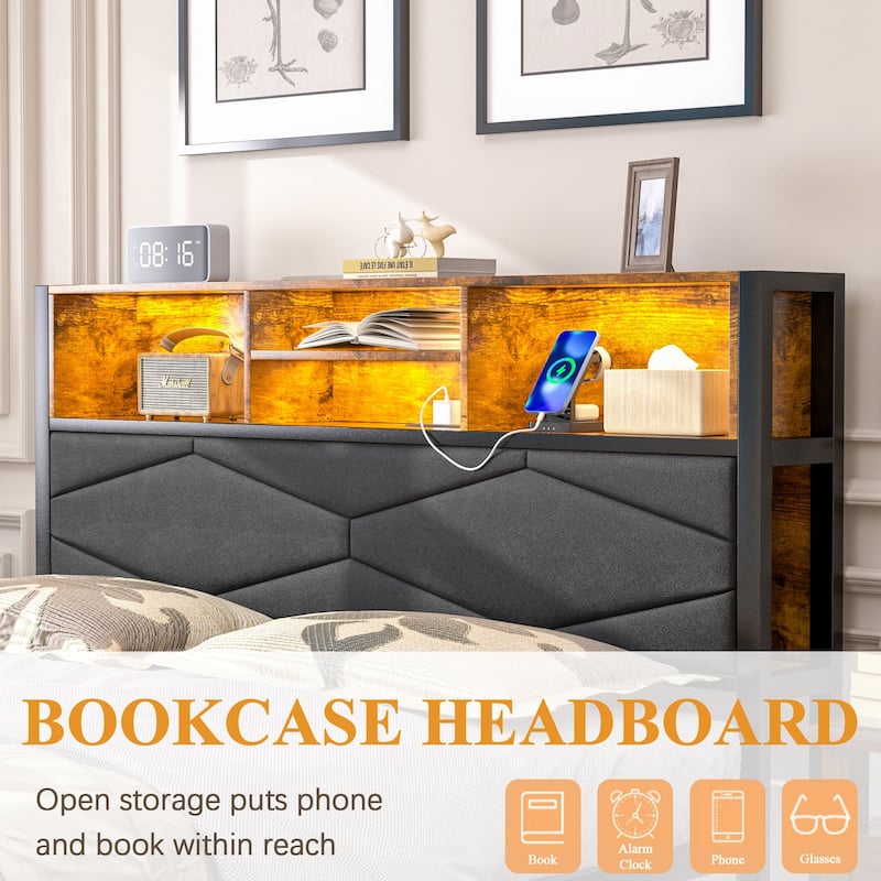 VECELO PU Leather Smart Bed Frame with RGB LED Lights and Bookcase Storage USB Outlet Charging Headboard No Box Spring