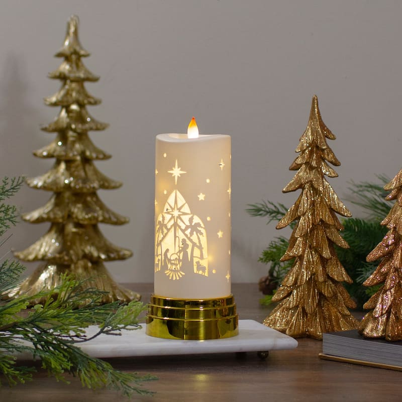 9" Gold and White Nativity Scene Flameless Candle