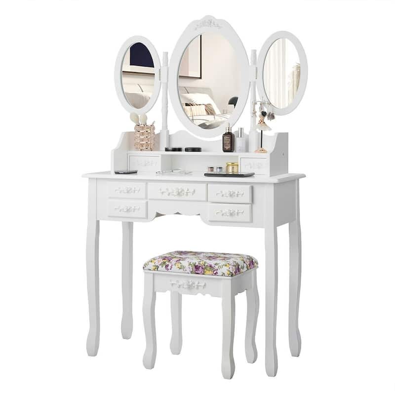7 Drawer Tri-Folding Mirror Dressing Vanity Makeup Set - 35.5" x 16" x 59.5" (L x W x H)
