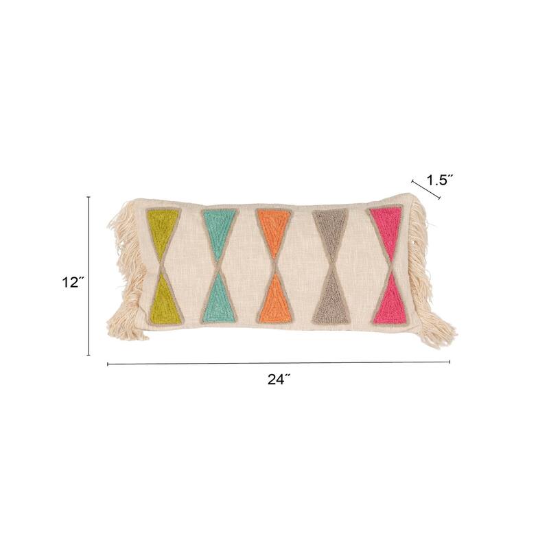 Cotton Lumbar Pillow with Embroidery and Fringe