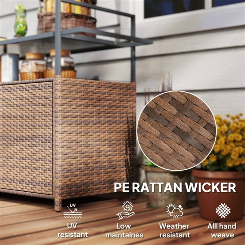 Outdoor Bar Cart PE Rattan Steel Tempered Glass Rolling Beverage Serving Cart with Storage - 51.25" W x 19.75" D x 35.5" H