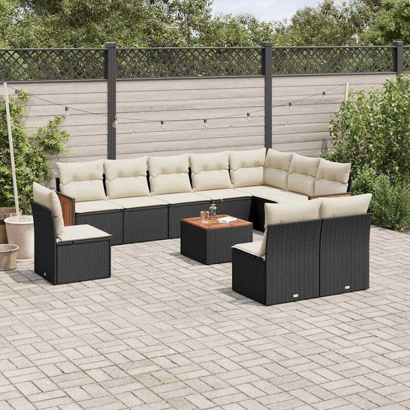 vidaXL Patio Sofa Set with Cushions Outdoor Conversation Furniture Poly Rattan - Black and cream with table - 21.7 x 21.7 x 14.6 in