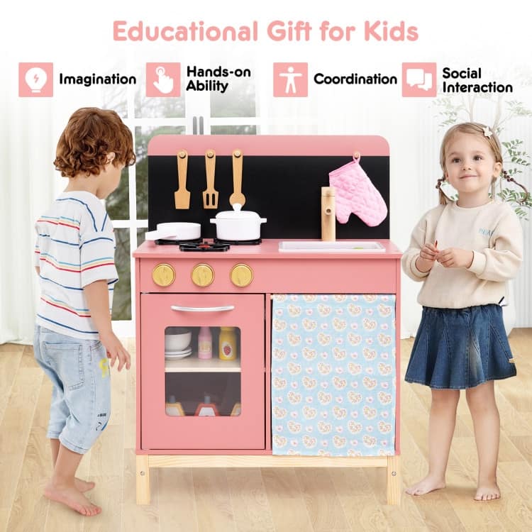 Pink Solid Wood Kids Kitchen Playset with Accessories and Storage - 21" × 11.5" × 29"